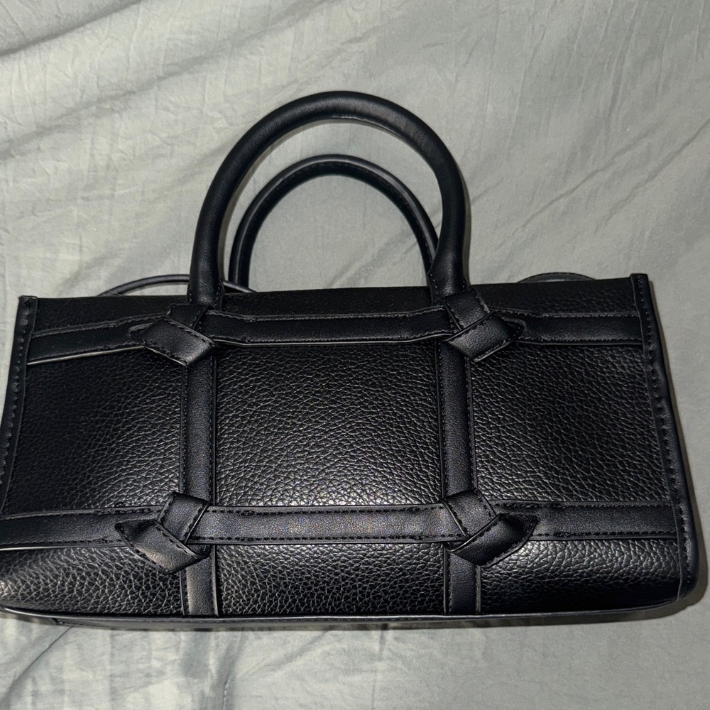 Steve Madden Black Structured Woven Satchel Bag | Top Handle Crossbody Purse